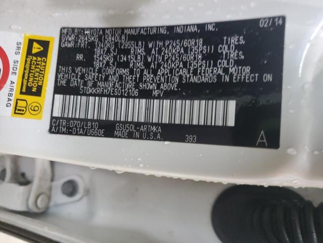 5TDKKRFH7ES012106 - 2014 TOYOTA HIGHLANDER XLE WHITE photo 13