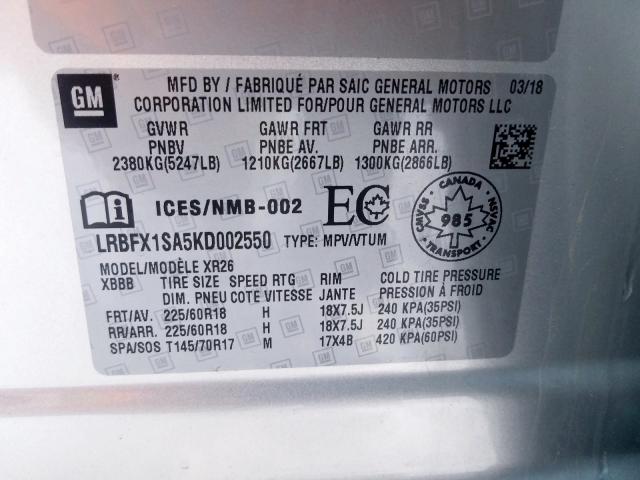 LRBFX1SA5KD002550 - 2019 BUICK ENVISION PREFERRED  photo 10