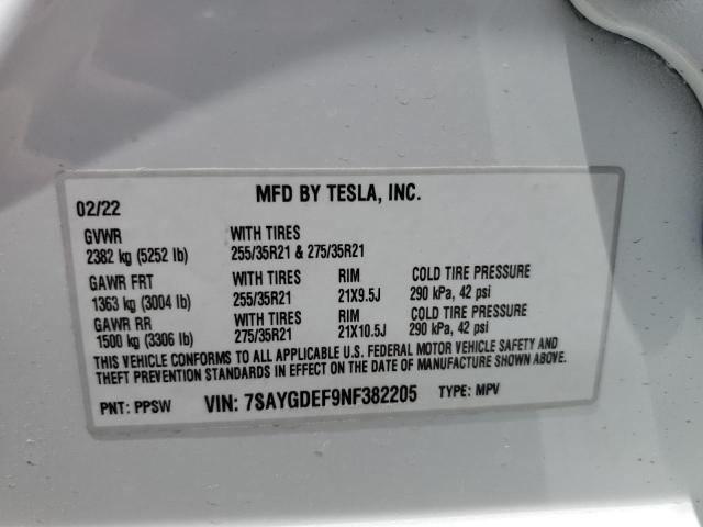 7SAYGDEF9NF382205 - 2022 TESLA MODEL Y WHITE photo 13