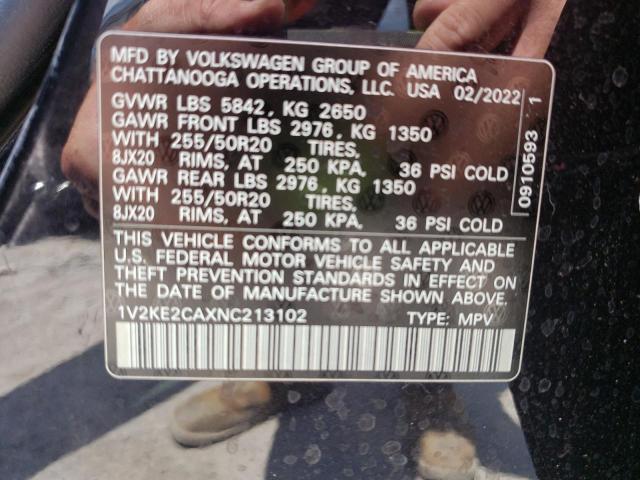 1V2KE2CAXNC213102 - 2022 VOLKSWAGEN ATLAS CROS SE Черный фото 12