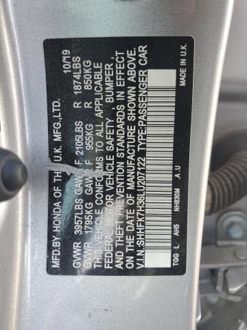 SHHFK7H36LU207122 - 2020 HONDA CIVIC LX SILVER photo 12