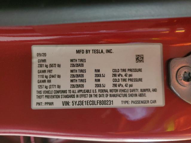 5YJ3E1EC0LF800231 - 2020 TESLA MODEL 3 红色 照片 12