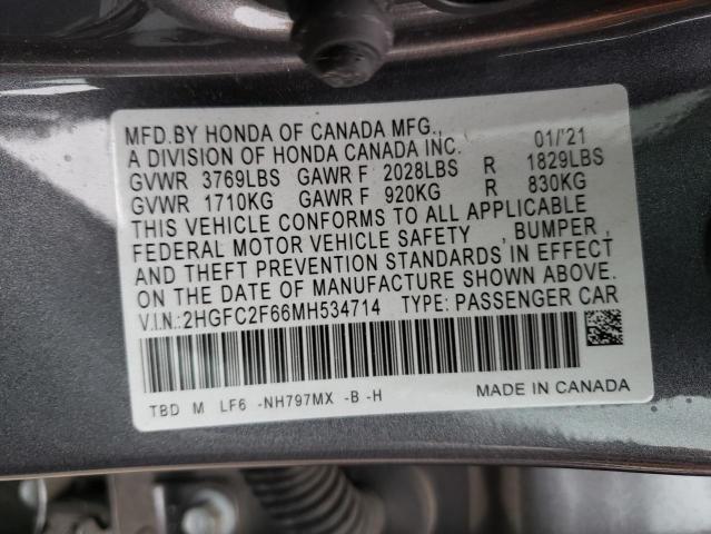 2HGFC2F66MH534714 - 2021 HONDA CIVIC LX CHARCOAL photo 12