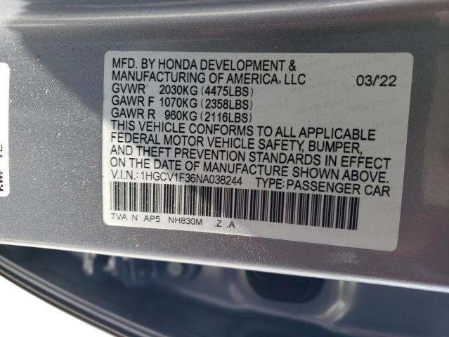 1HGCV1F36NA038244 - 2022 HONDA ACCORD SPORT SILVER photo 12