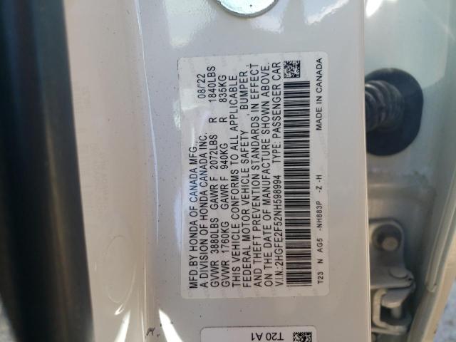 2HGFE2F52NH598994 - 2022 HONDA CIVIC SPORT WHITE photo 12