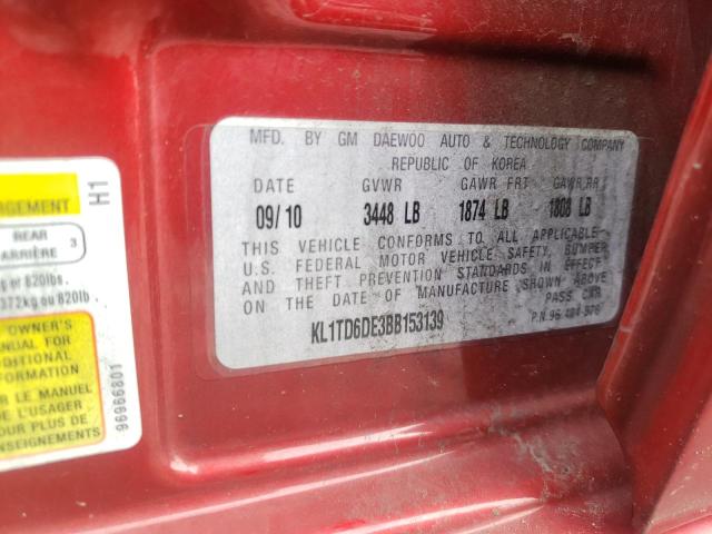 KL1TD6DE3BB153139 - 2011 CHEVROLET AVEO LS 红色 照片 12