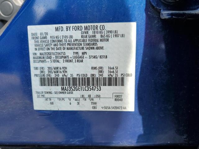 MAJ3S2GE1LC354753 - 2020 FORD ECOSPORT SE BLUE photo 12