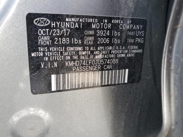 KMHD74LF0JU574088 - 2018 HYUNDAI ELANTRA SE GRAY photo 12