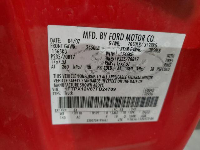 1FTPX12V87FB24789 - 2007 FORD F150 RED photo 12