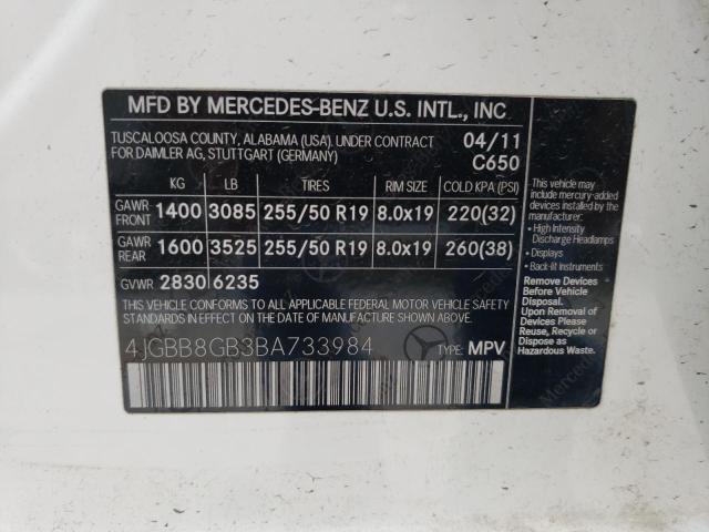 4JGBB8GB3BA733984 - 2011 MERCEDES-BENZ ML 350 4MATIC WHITE photo 12
