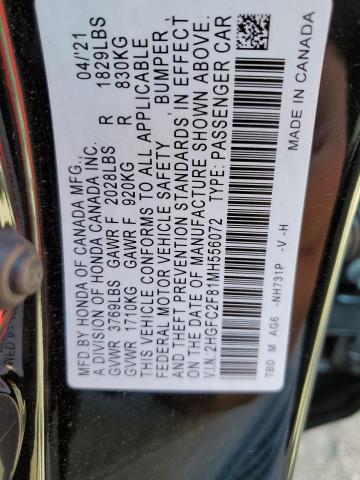 2HGFC2F81MH556072 - 2021 HONDA CIVIC SPORT 黑色 照片 10