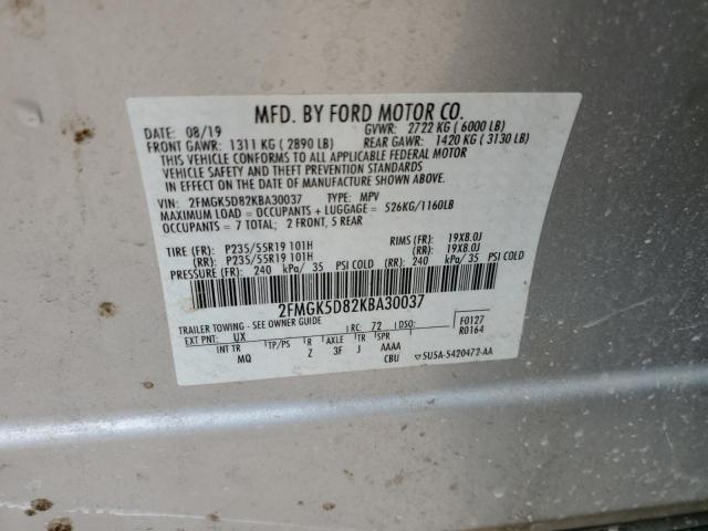 2FMGK5D82KBA30037 - 2019 FORD FLEX LIMITED SILVER photo 13