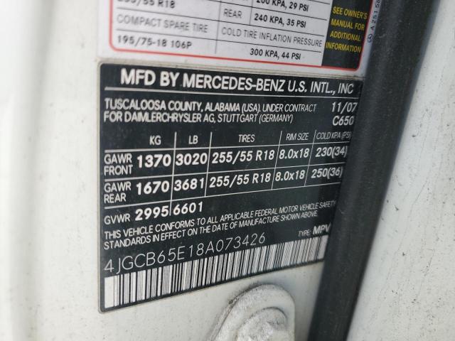 4JGCB65E18A073426 - 2008 MERCEDES-BENZ R 350 WHITE photo 12