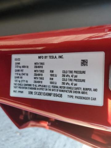 5YJ3E1EA9NF189438 - 2022 TESLA MODEL 3 RED photo 10