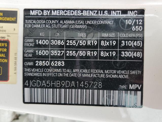 4JGDA5HB9DA145728 - 2013 MERCEDES-BENZ ML 350 4MATIC WHITE photo 13