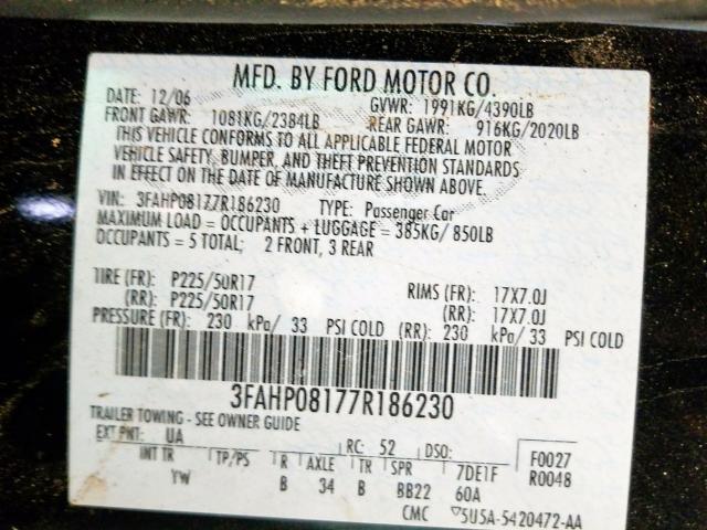 3FAHP08177R186230 - 2007 FORD FUSION SEL  photo 10