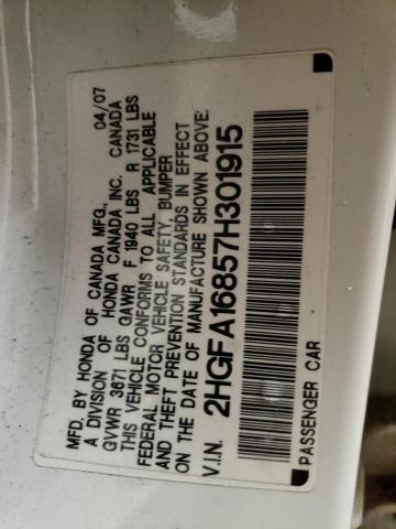 2HGFA16857H301915 - 2007 HONDA CIVIC EX თეთრი ფოტო 12