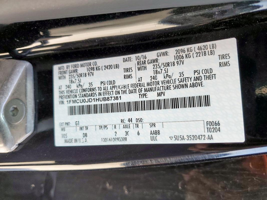 1FMCU0JD1HUB87381 - 2017 FORD ESCAPE TITANIUM BLACK photo 13