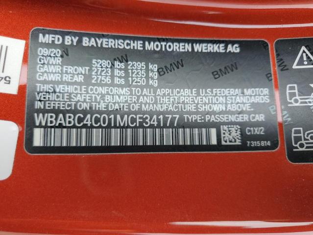 WBABC4C01MCF34177 - 2021 BMW M850XI ORANGE photo 12