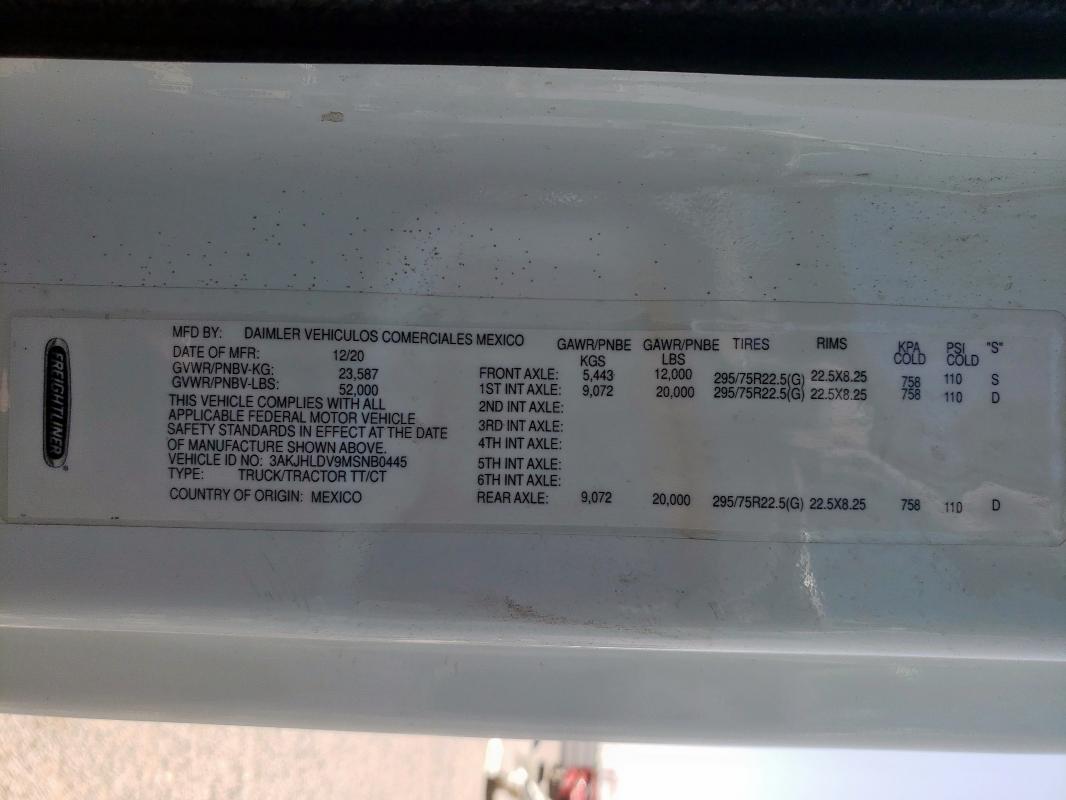 3AKJHLDV9MSNB0445 - 2021 FREIGHTLINER CASCADIA 1 WHITE photo 10