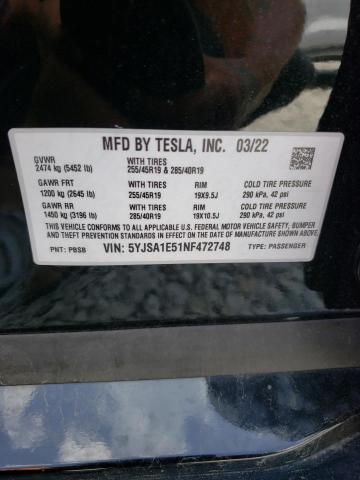 5YJSA1E51NF472748 - 2022 TESLA MODEL S BLACK photo 13