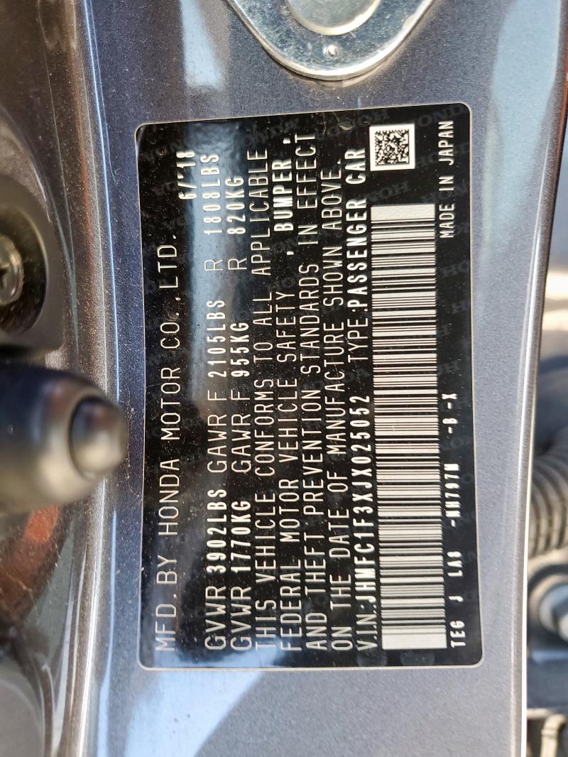 JHMFC1F3XJX025052 - 2018 HONDA CIVIC EX GRAY photo 12