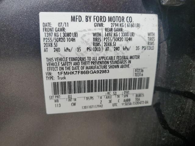 1FMHK7F86BGA92983 - 2011 FORD EXPLORER LIMITED Gris foto 13