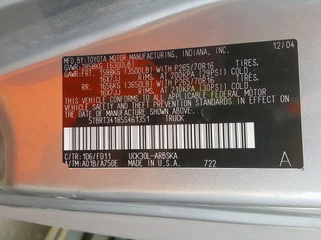 5TBRT34185S461351 - 2005 TOYOTA TUNDRA ACCESS CAB SR5  photo 10