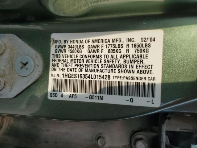 1HGES16354L015428 - 2004 HONDA CIVIC DX VP Yaşıl foto 12