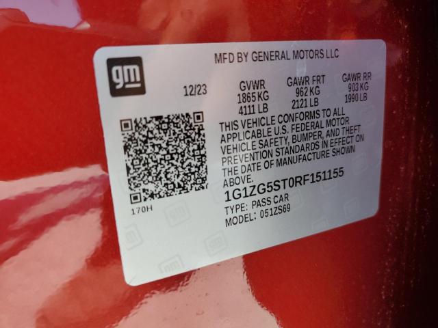 1G1ZG5ST0RF151155 - 2024 CHEVROLET MALIBU RS RED photo 12