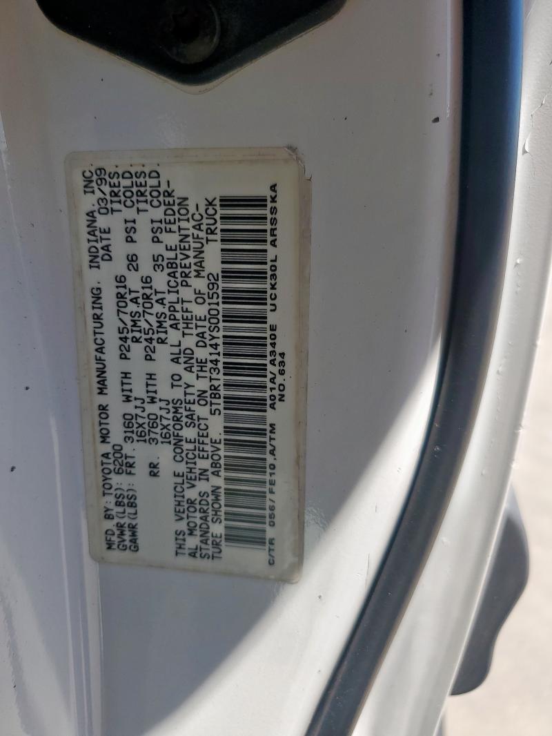 5TBRT3414YS001592 - 2000 TOYOTA TUNDRA ACCESS CAB 白色 照片 12