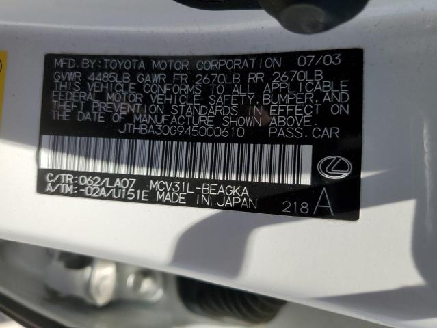 JTHBA30G945000610 - 2004 LEXUS ES 330 WHITE photo 12