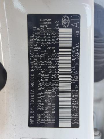 2T1BURHE2EC222022 - 2014 TOYOTA COROLLA L WHITE photo 12