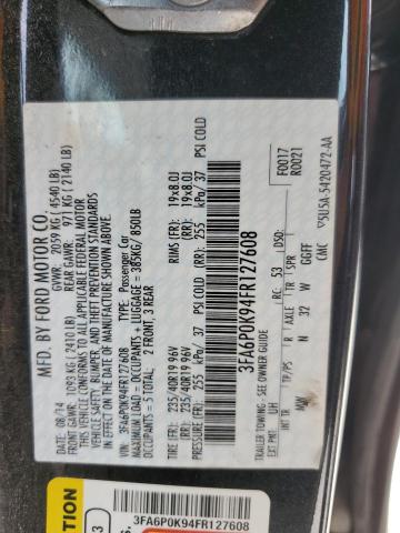 3FA6P0K94FR127608 - 2015 FORD FUSION TITANIUM BLACK photo 12