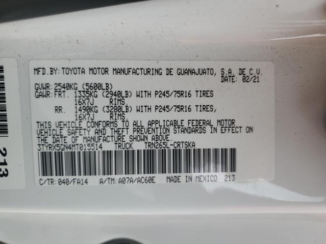 3TYRX5GN4MT015514 - 2021 TOYOTA TACOMA ACCESS CAB თეთრი ფოტო 12