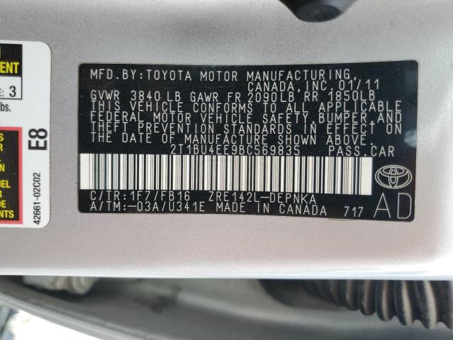 2T1BU4EE9BC569835 - 2011 TOYOTA COROLLA BASE SILVER photo 12