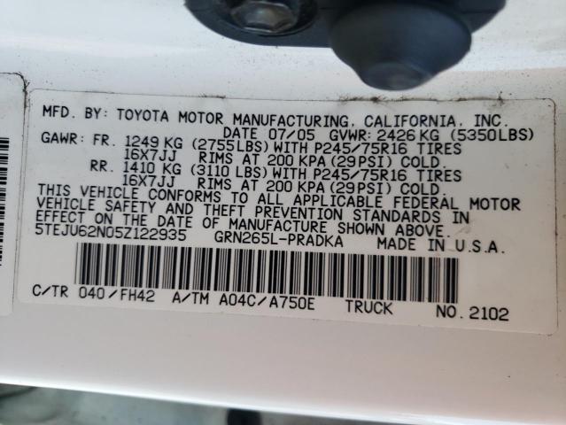 5TEJU62N05Z122935 - 2005 TOYOTA TACOMA DOUBLE CAB PRERUNNER WHITE photo 12