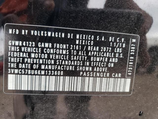 3VWC57BU6KM133608 - 2019 VOLKSWAGEN JETTA S 黑色 照片 12