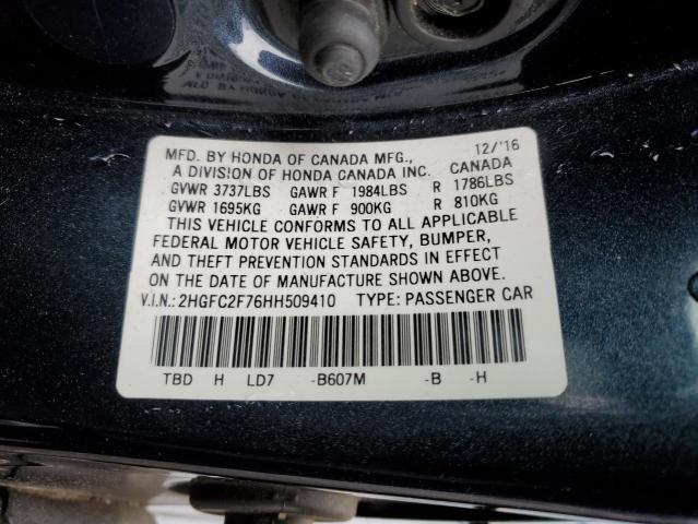 2HGFC2F76HH509410 - 2017 HONDA CIVIC EX BLUE photo 12