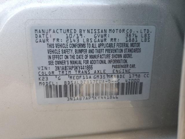 3N1AB7AP9KY441866 - 2019 NISSAN SENTRA S ვერცხლისფერი ფოტო 12