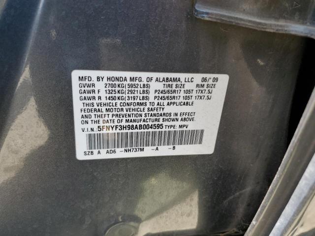 5FNYF3H98AB004595 - 2010 HONDA PILOT TOURING GRAY photo 13