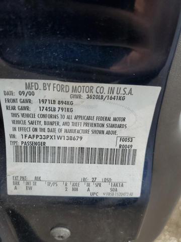 1FAFP33PX1W138679 - 2001 FORD FOCUS LX BLUE photo 10