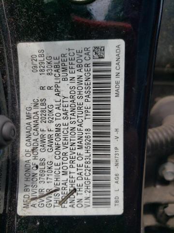 2HGFC2F83LH592618 - 2020 HONDA CIVIC SPORT 黑色 照片 12
