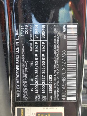 4JGDA5HB7CA027966 - 2012 MERCEDES-BENZ ML 350 4MATIC BLACK photo 13