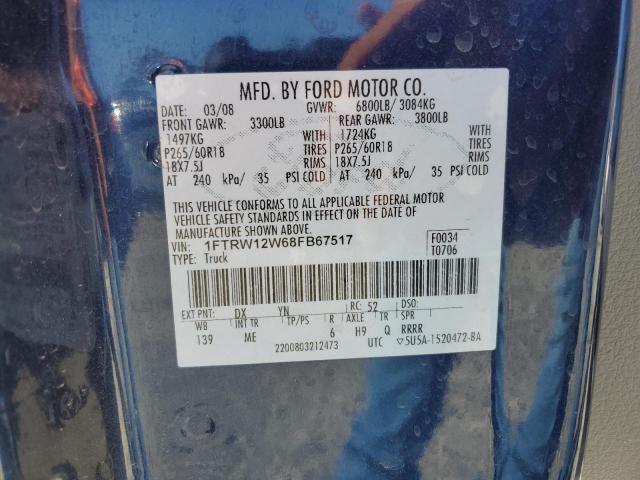 1FTRW12W68FB67517 - 2008 FORD F150 SUPERCREW BLUE photo 12