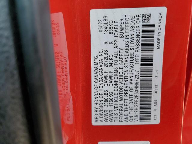 2HGFE2F53NH572307 - 2022 HONDA CIVIC SPORT 红色 照片 13