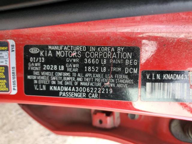 KNADM4A30D6222219 - 2013 KIA RIO LX RED photo 12