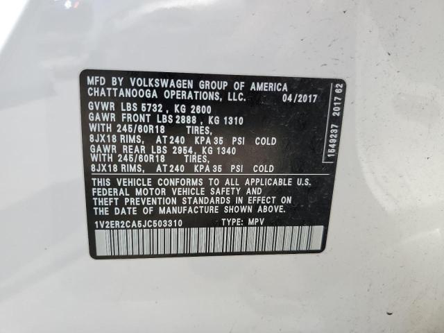 1V2ER2CA5JC503310 - 2018 VOLKSWAGEN ATLAS SEL WHITE photo 13