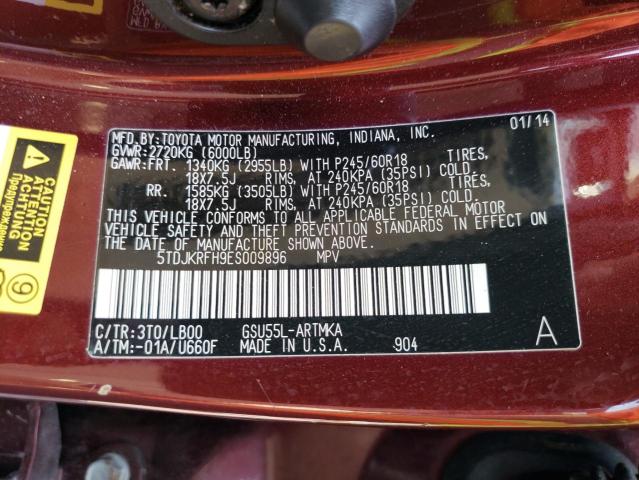 5TDJKRFH9ES009896 - 2014 TOYOTA HIGHLANDER XLE Bordo foto 13