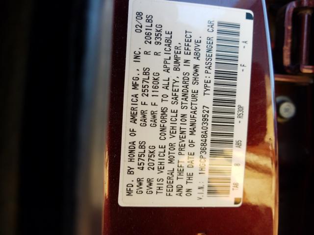 1HGCP36848A039527 - 2008 HONDA ACCORD EXL BURGUNDY photo 10